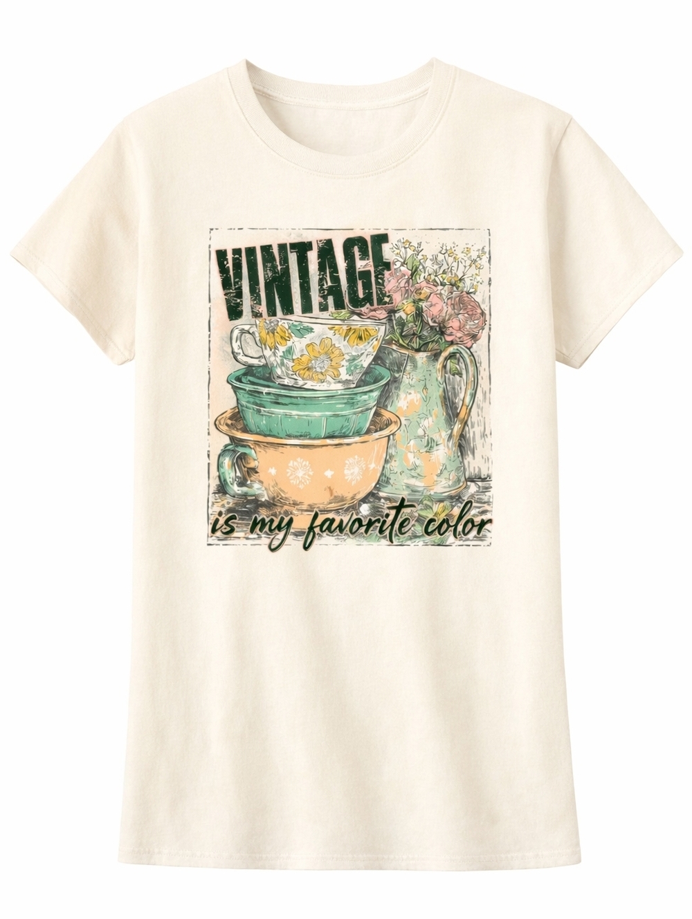 Vintage Is My Favorite Color Graphic Tee Cream Floral Teacup Cottagecore Short S